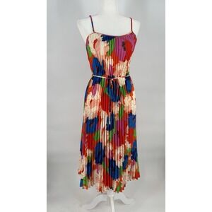 Sam Edelman‎ Womens Midi Dress Retro Floral Plisse Bright Colorful Resort Cruise
